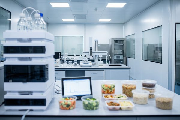 Лаборатория пищевой безопасности с аналитическим оборудованием и образцами готовых блюд на столе; процесс исследования состава и качества продуктов питания.
