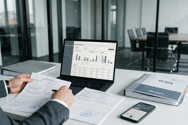 Специалист по ВЭД проверяет импортные документы и анализирует статистику поставок на ноутбуке в офисе логистической компании