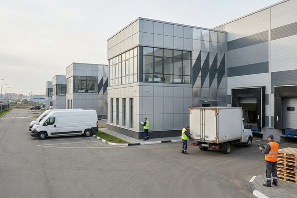 Современный комплекс light industrial с малотоннажными грузовиками и сотрудниками на погрузочной площадке