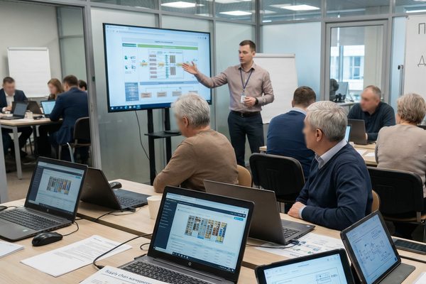 Учебный класс логистической компании: сотрудники проходят обучение и анализируют схемы цепей поставок