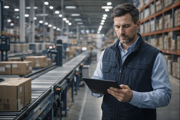 Логистический менеджер на складе e-commerce анализирует данные поставок и процессов доставки