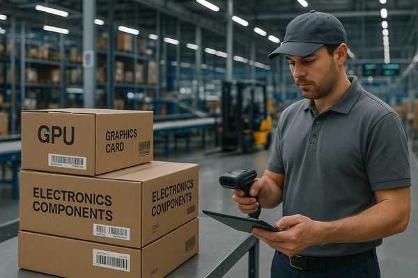 Сотрудник логистического центра сканирует коробки с электронными компонентами и видеокартами GPU на складе; видны стеллажи, сортировочная линия и промышленная инфраструктура