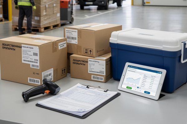 Упаковки лекарственных препаратов, термоконтейнер и оборудование для учёта и сканирования на фармскладе