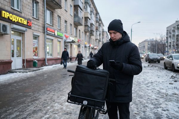 Молодой курьер с термосумкой готовится к доставке заказов на городской улице зимой