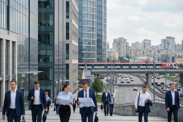 Деловые сотрудники идут по пешеходной зоне рядом с современными бизнес-центрами в Москве на фоне скоростного городского поезда и магистрали