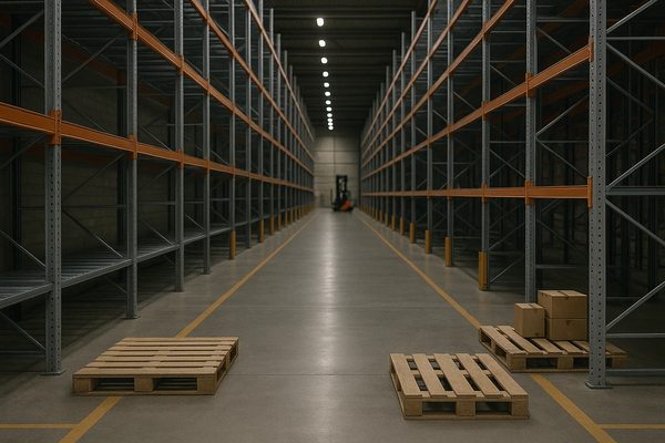Пустой складской комплекс класса А с незаполненными стеллажами и паллетами, отражающий рост доли свободных площадей на рынке складской недвижимости.