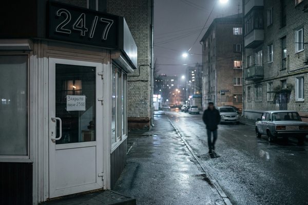 Круглосуточный магазин 24/7 в российском жилом квартале, закрытый после 23:00, ночная улица