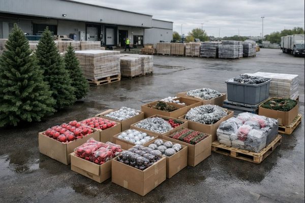 Новогодний декор и искусственные ёлки на складе в условиях тёплой погоды и смещения сезонного спроса