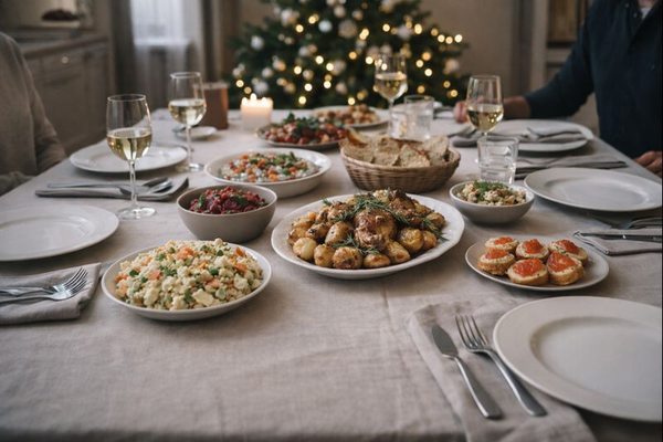 Новогодний стол с традиционными блюдами как отражение сезонного потребительского спроса в России