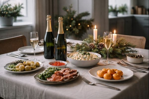 Новогодний стол с традиционными блюдами и игристым вином как символ потребительских привычек россиян