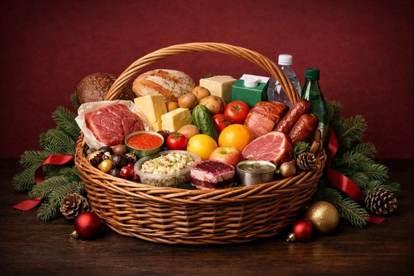 Новогодняя продуктовая корзина с мясом, рыбой, овощами и фруктами как визуализация стоимости праздничных покупок