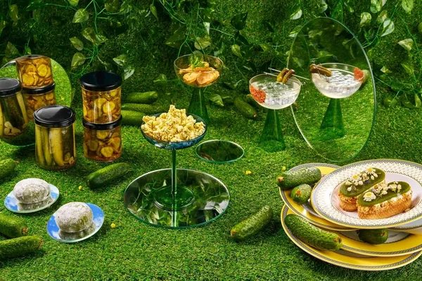 Ассортимент блюд и напитков из меню «Огуречное безумие»: десерты, закуски, попкорн и маринованные огурцы на декоративной сервировке