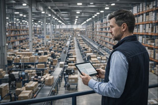 Логистический менеджер в распределительном центре e-commerce анализирует складские операции и потоки заказов