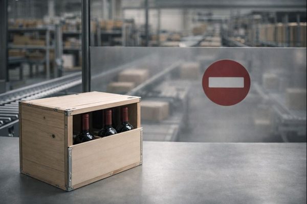 Ящик с бутылками вина на складе перед ограничительным знаком, символизирующим запрет онлайн-продажи алкоголя и регуляторные барьеры для маркетплейсов