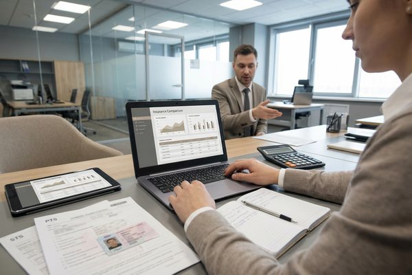 Клиент оформляет полис ОСАГО онлайн в офисной среде, сравнивая предложения страховых компаний на ноутбуке в рамках работы маркетплейса