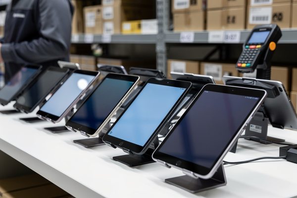 Ряд планшетов на витрине распределительного центра электроники; модели 10–12 дюймов, демонстрация ассортимента и логистической инфраструктуры.