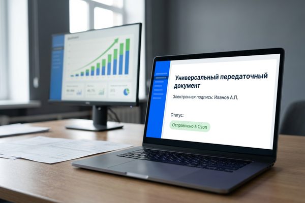Ноутбук с электронным универсальным передаточным документом и статусом «Отправлено в Ozon» на рабочем столе, цифровой документооборот селлеров