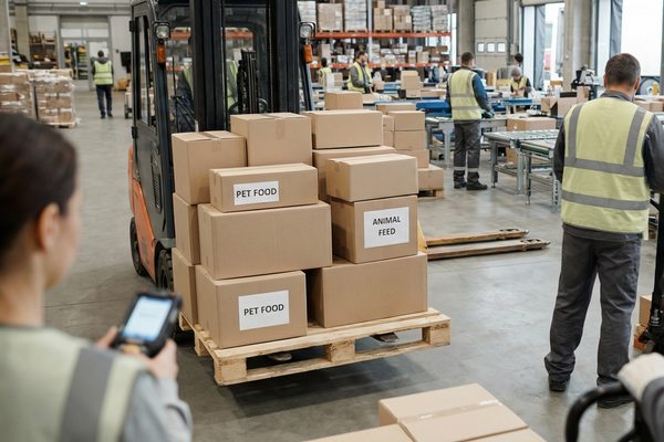 Складской комплекс с обработкой коробок pet food: погрузчик и сотрудники сортируют партии кормов для животных