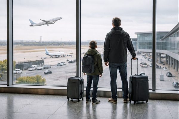 Пассажиры с багажом в аэропорту на фоне взлетающего самолета как символ роста внутренних и зарубежных поездок россиян в 2025 году