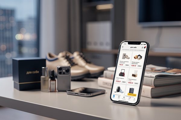Смартфон с открытым маркетплейсом и товарами для небольших покупок на столе среди гаджетов, косметики и обуви