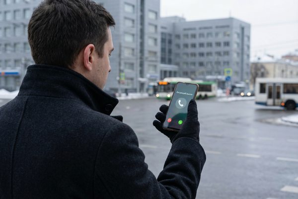 Мужчина в городе принимает входящий звонок на смартфоне — иллюстрация телефонного мошенничества в предновогодний период