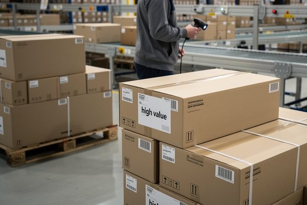 Склад маркетплейса с коробками категории high value и сотрудником, сканирующим отправления