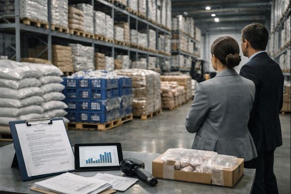 Профессионалы в продовольственном распределительном центре анализируют долгосрочные контракты и цепочку поставок базовых продуктов