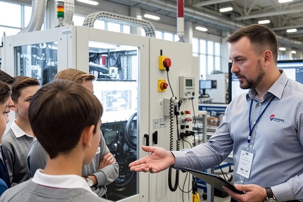 Инженер показывает подросткам оборудование на современном промышленном предприятии в рамках профориентационной программы