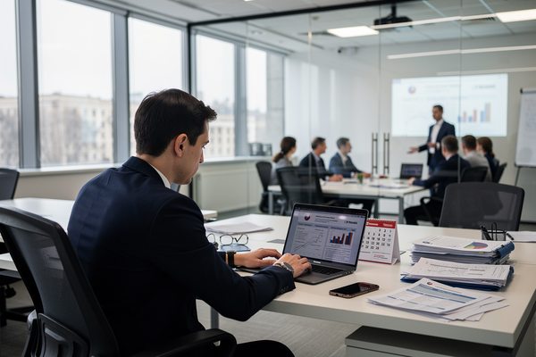 Сотрудник в офисе анализирует рабочие данные на ноутбуке, в то время как в переговорной проходит деловое совещание, символизируя снижение вовлечённости и признаки «тихого увольнения»