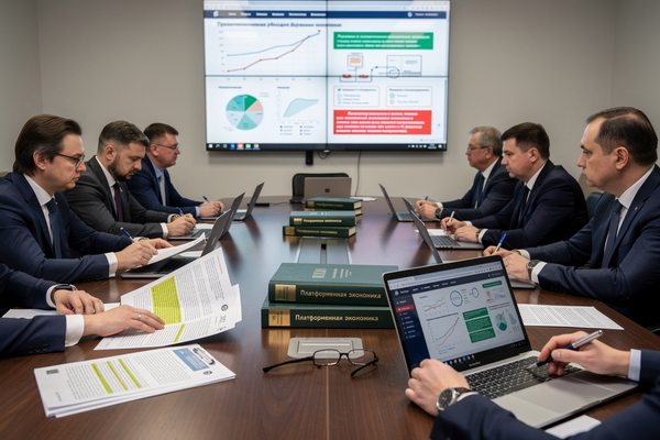 Совещание рабочей группы по платформенной экономике: представители правительства и бизнеса обсуждают регулирование цифровых платформ за столом переговоров, на экране — аналитические графики