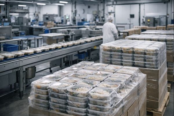 Производство и упаковка готовой еды на фабрике-кухне перед распределением по торговым сетям