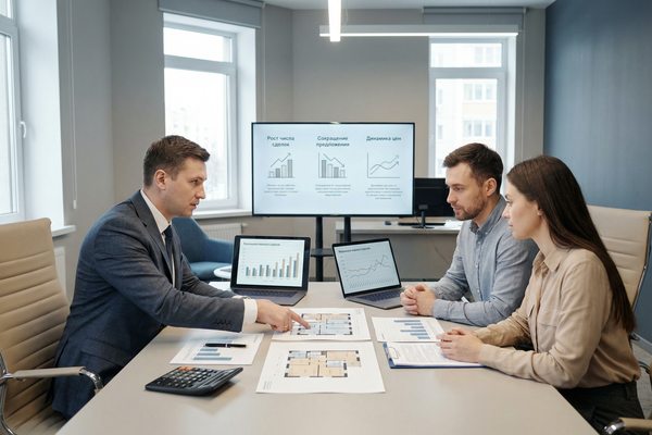 Риелтор обсуждает с клиентами покупку квартиры на фоне аналитических графиков о динамике сделок, цен и предложения на вторичном рынке жилья в России