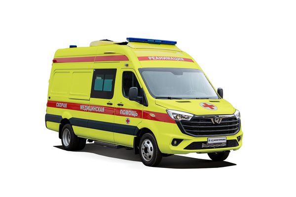 Реанимационный автомобиль скорой помощи класса С на базе Sollers SF5, жёлтый спецавтомобиль с красной полосой на белом фоне.