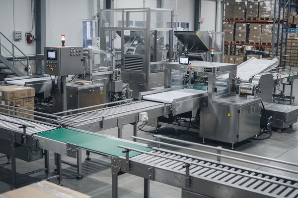 Пищевая производственная линия на российском заводе: конвейеры и упаковочное оборудование в период снижения выпуска продукции