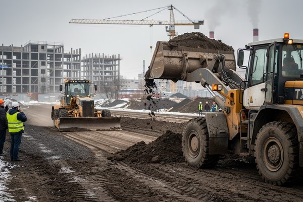 Фронтальный погрузчик и автогрейдер работают на строительной площадке в России; спецтехника перемещает грунт на фоне промзоны и кранов в условиях зимней погоды