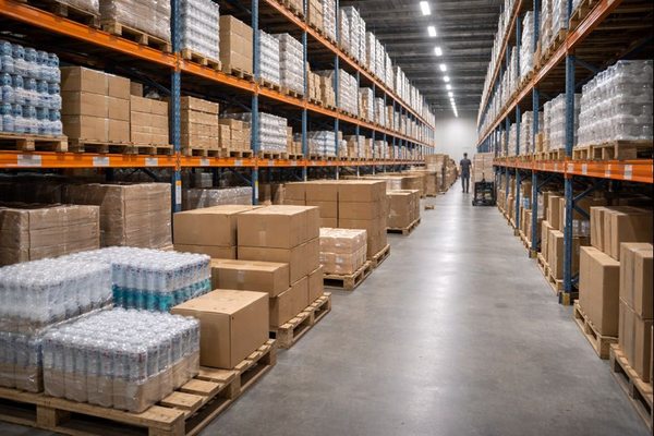 Склад FMCG с паллетами товаров повседневного спроса как элемент цепей поставок и роста локальных брендов