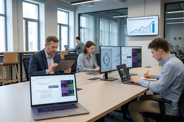 Сотрудники в современном офисе работают с нейросетями на ноутбуках и дисплеях, демонстрируя рост применения искусственного интеллекта в России