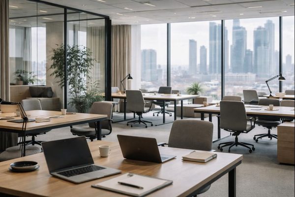 Современный коворкинг в Москве с рабочими местами и панорамным видом на деловой район города