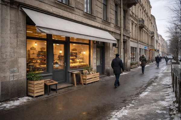 Пекарня формата стрит-ритейл на улице Санкт-Петербурга в зимний период — городской рынок общепита