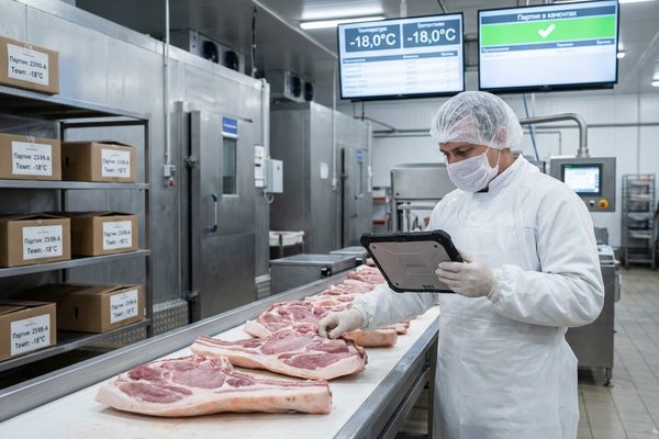Сотрудник мясоперерабатывающего предприятия проверяет качество и маркировку свиных отрубов на производственной линии