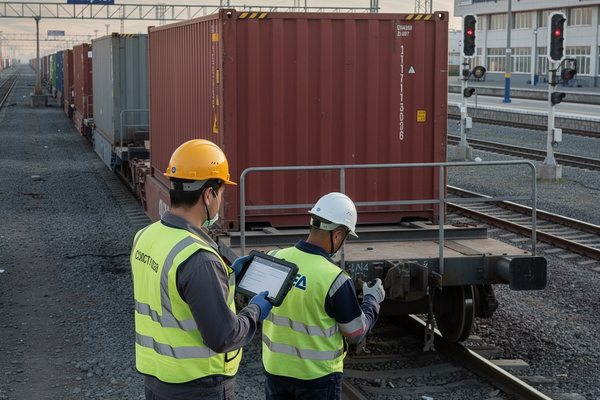 Сотрудники железнодорожного терминала осматривают платформу с контейнерами перед отправкой по маршруту МТК «Север–Юг»