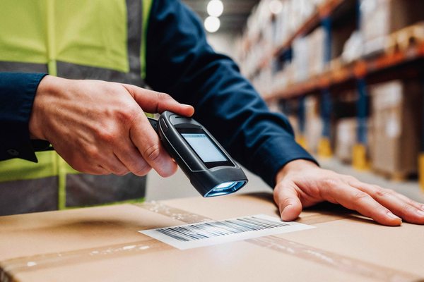 Сотрудник склада сканирует штрихкод на коробке ручным терминалом в процессе приёмки и маркировки груза