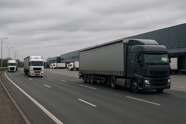 Грузовые автомобили на федеральной трассе у логистического комплекса в России