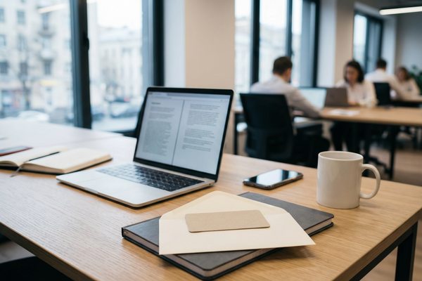 Рабочее место в офисе с ноутбуком и конвертом с подарочным сертификатом как символ корпоративных подарков