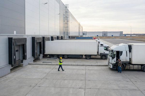 Грузовые автомобили у погрузочных доков современного складского комплекса класса А в Ленинградской области