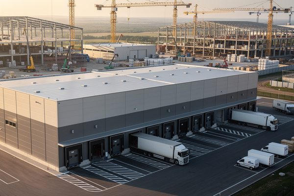 Современный складской комплекс с грузовиками у доков и строительством новых корпусов на фоне