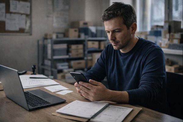 Предприниматель управляет бизнес-процессами со смартфона в небольшом офисе или рабочем пространстве