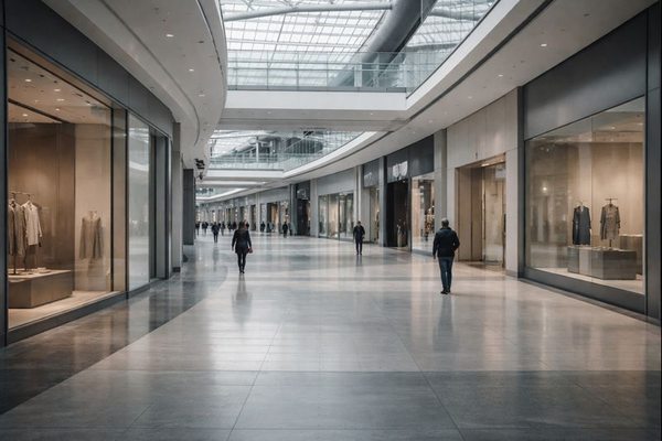Почти пустой торговый центр с редкими посетителями — снижение трафика как отражение сберегательной модели потребления и изменений в ритейле