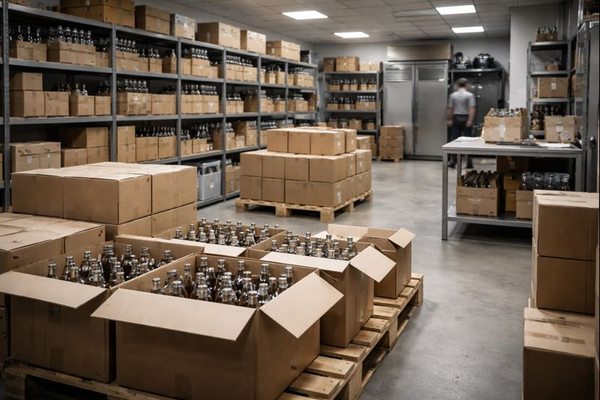 Склад с алкогольной продукцией и коробками с бутылками как элемент цепи поставок в условиях сокращения лицензирования торговли алкоголем