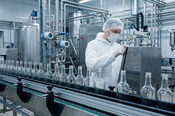 Линия розлива на спиртовом производстве: оператор в защитной одежде контролирует оборудование рядом с конвейером стеклянных бутылок